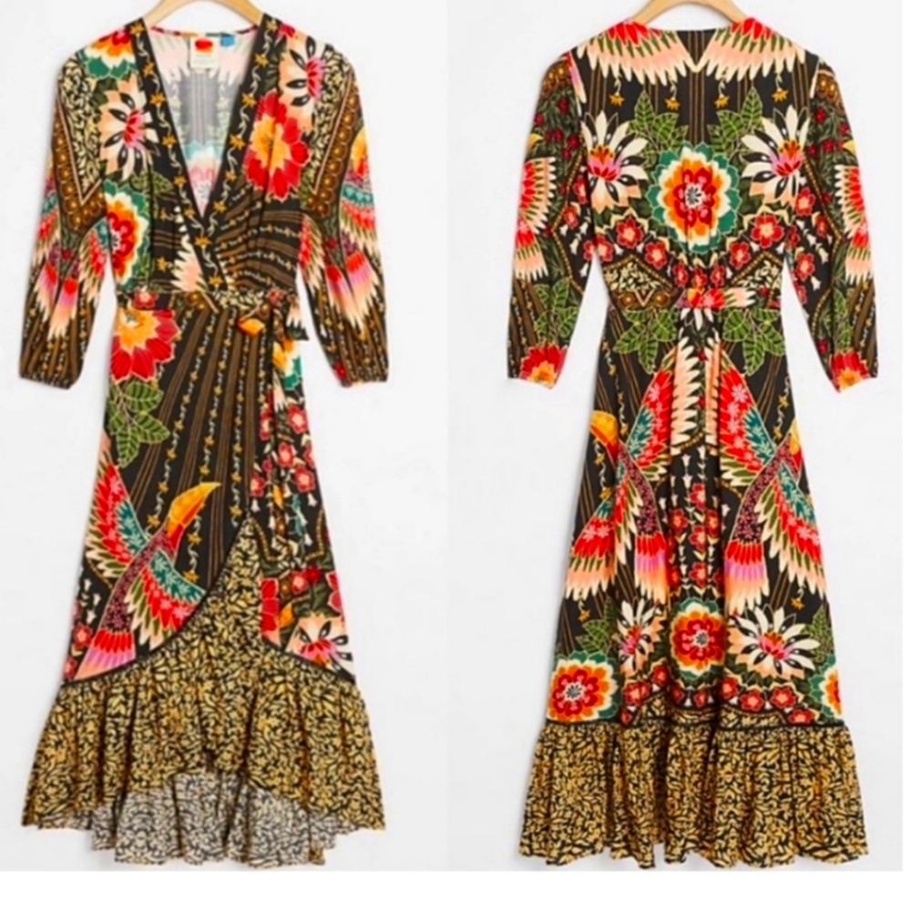 Farm Rio for Anthropologie wrap dress birds colorful xl